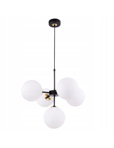 Lampa wisząca IMPERIA 5-punktowa z mlecznymi kloszami, czarna konstrukcja, nowoczesny design do biura i restauracji