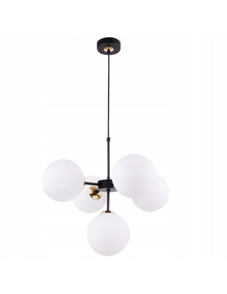 Lampa wisząca IMPERIA 5-punktowa z mlecznymi kloszami, czarna konstrukcja, nowoczesny design do biura i restauracji