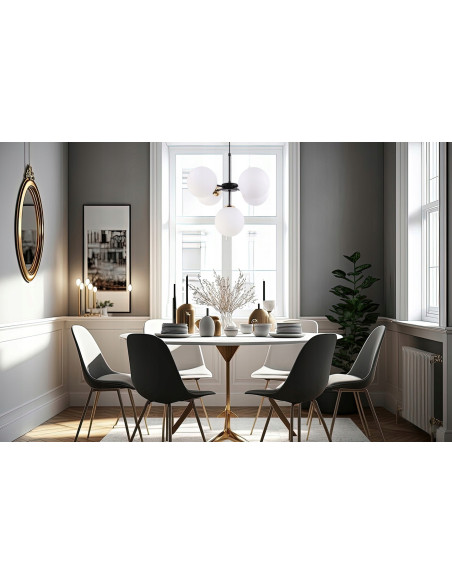 Lampa wisząca IMPERIA 5-punktowa z mlecznymi kloszami, czarna konstrukcja, nowoczesny design do biura i restauracji