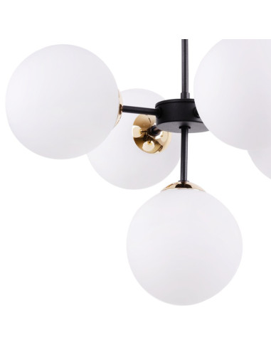 Lampa wisząca IMPERIA 5-punktowa z mlecznymi kloszami, czarna konstrukcja, nowoczesny design do biura i restauracji