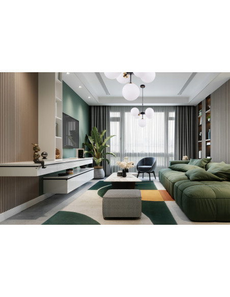 Lampa wisząca IMPERIA 5-punktowa z mlecznymi kloszami, czarna konstrukcja, nowoczesny design do biura i restauracji