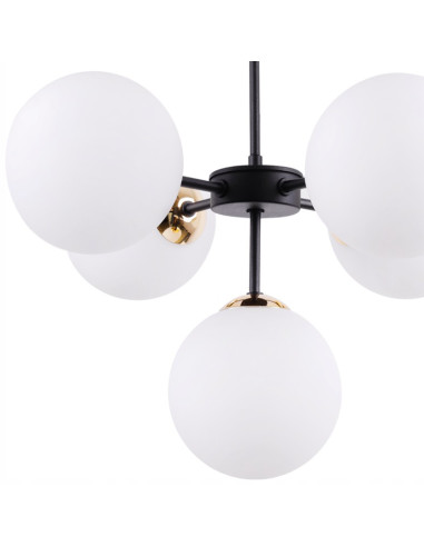 Lampa wisząca IMPERIA 5-punktowa z mlecznymi kloszami, czarna konstrukcja, nowoczesny design do biura i restauracji