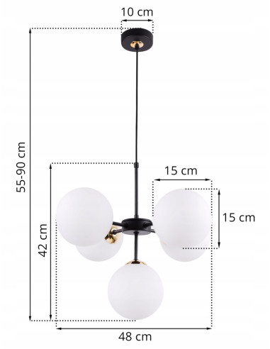 Lampa wisząca IMPERIA 5-punktowa z mlecznymi kloszami, czarna konstrukcja, nowoczesny design do biura i restauracji