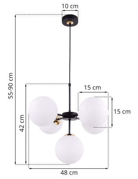 Lampa wisząca IMPERIA 5-punktowa z mlecznymi kloszami, czarna konstrukcja, nowoczesny design do biura i restauracji