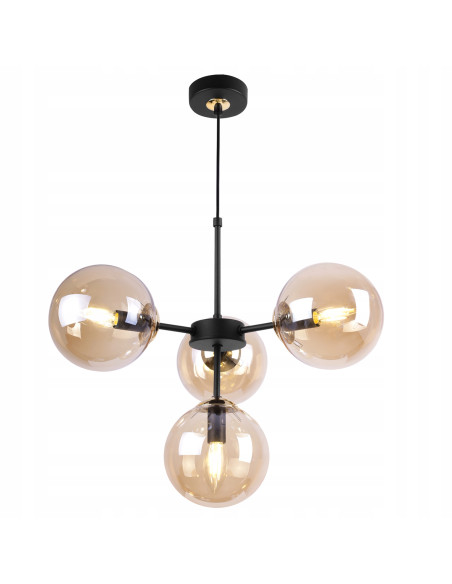 Lampa sufitowa IMPERIA z regulacją, czarna metalowa konstrukcja i miodowe klosze do nowoczesnych wnętrz biurowych.