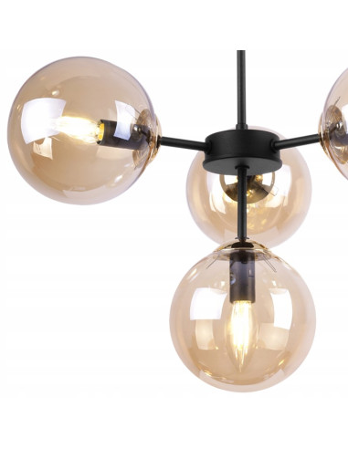 Lampa sufitowa IMPERIA z regulacją, czarna metalowa konstrukcja i miodowe klosze do nowoczesnych wnętrz biurowych.