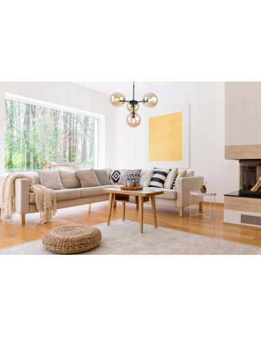 Lampa sufitowa IMPERIA z regulacją, czarna metalowa konstrukcja i miodowe klosze do nowoczesnych wnętrz biurowych.