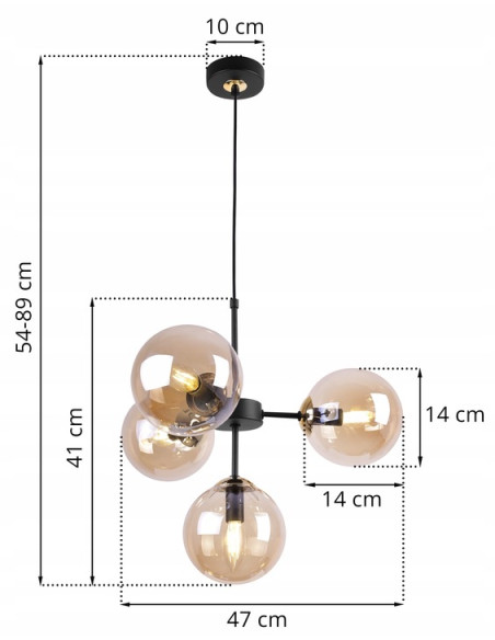 Lampa sufitowa IMPERIA z regulacją, czarna metalowa konstrukcja i miodowe klosze do nowoczesnych wnętrz biurowych.