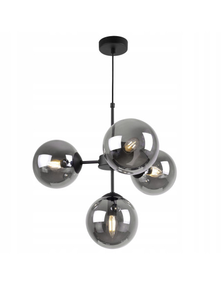 Lampa wisząca IMPERIA 4-punktowa, nowoczesny design, czarny metal, przydymione szkło, 60W, stylowe oświetlenie do wnętrz