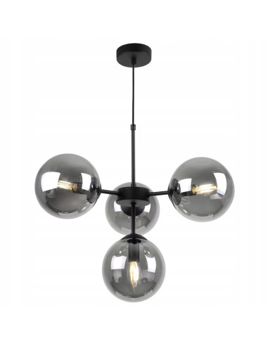 Lampa wisząca IMPERIA 4-punktowa, nowoczesny design, czarny metal, przydymione szkło, 60W, stylowe oświetlenie do wnętrz