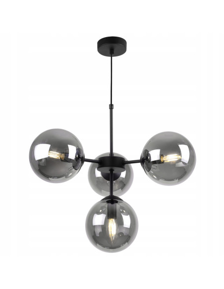 Lampa wisząca IMPERIA 4-punktowa, nowoczesny design, czarny metal, przydymione szkło, 60W, stylowe oświetlenie do wnętrz