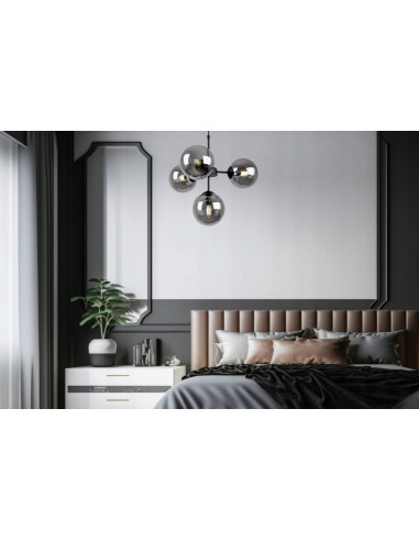 Lampa wisząca IMPERIA 4-punktowa, nowoczesny design, czarny metal, przydymione szkło, 60W, stylowe oświetlenie do wnętrz