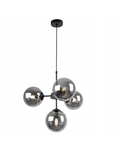 Lampa wisząca IMPERIA 4-punktowa, nowoczesny design, czarny metal, przydymione szkło, 60W, stylowe oświetlenie do wnętrz