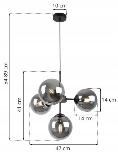 Lampa wisząca IMPERIA 4-punktowa, nowoczesny design, czarny metal, przydymione szkło, 60W, stylowe oświetlenie do wnętrz