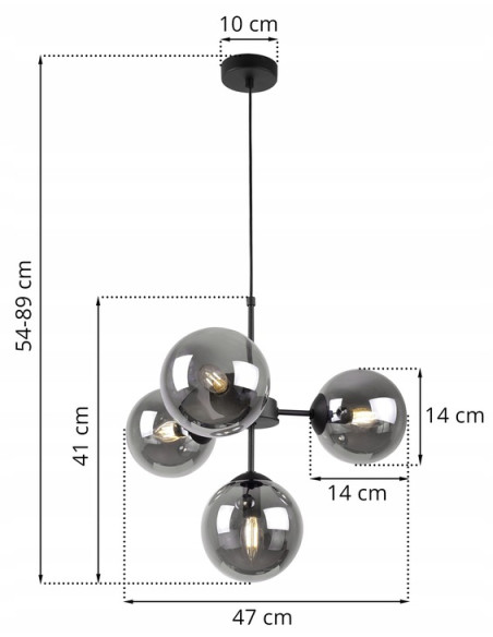 Lampa wisząca IMPERIA 4-punktowa, nowoczesny design, czarny metal, przydymione szkło, 60W, stylowe oświetlenie do wnętrz