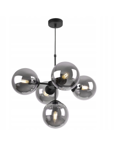 Lampa wisząca IMPERIA z 5 mlecznymi kloszami - elegancka, czarna metalowa konstrukcja do salonu i biura