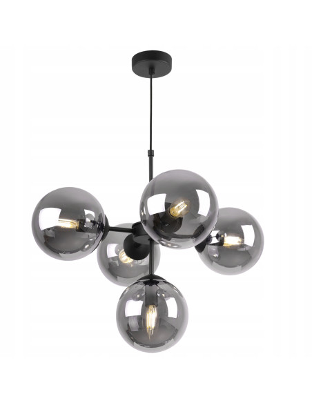 Lampa wisząca IMPERIA z 5 mlecznymi kloszami - elegancka, czarna metalowa konstrukcja do salonu i biura