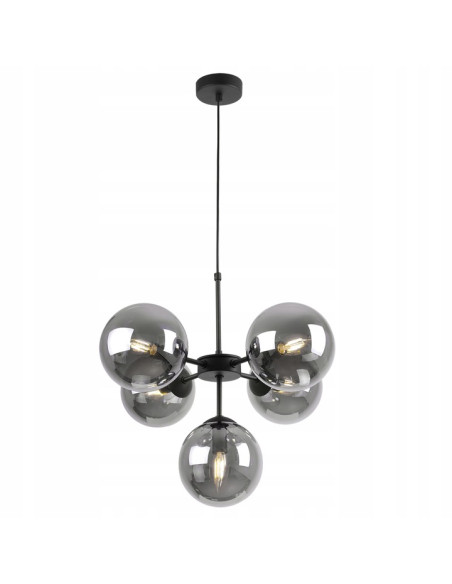 Lampa wisząca IMPERIA z 5 mlecznymi kloszami - elegancka, czarna metalowa konstrukcja do salonu i biura