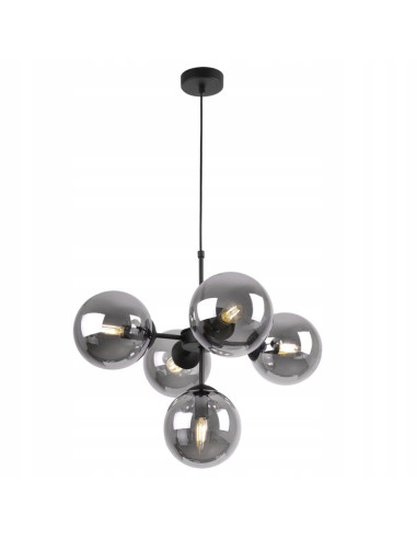 Lampa wisząca IMPERIA z 5 mlecznymi kloszami - elegancka, czarna metalowa konstrukcja do salonu i biura