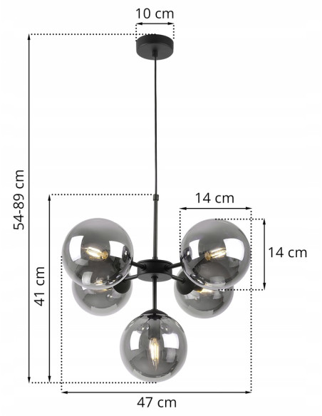 Lampa wisząca IMPERIA z 5 mlecznymi kloszami - elegancka, czarna metalowa konstrukcja do salonu i biura