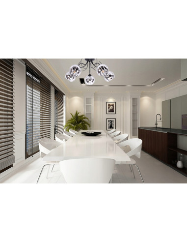 Elegancka lampa sufitowa ELIZA z pięcioma chromowanymi kloszami do nowoczesnych wnętrz jadalni i salonu