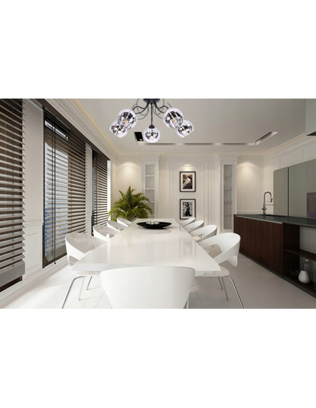 Elegancka lampa sufitowa ELIZA z pięcioma chromowanymi kloszami do nowoczesnych wnętrz jadalni i salonu