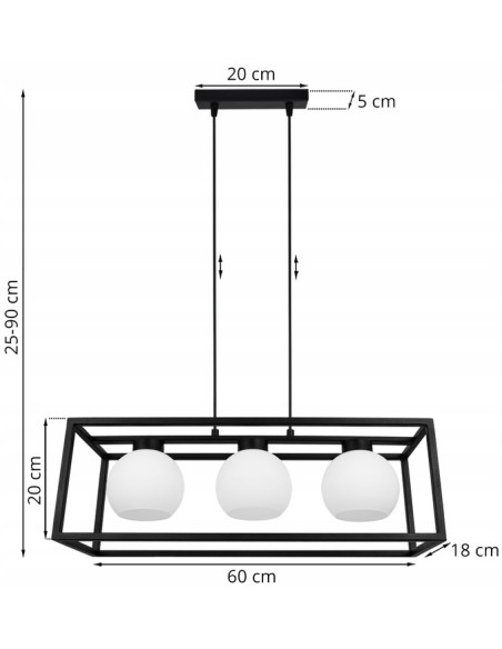 Lampa wisząca ELIZA CAGE – elegancka, regulowana lampa do jadalni i biura, 3-punktowe oświetlenie, metal i szkło.
