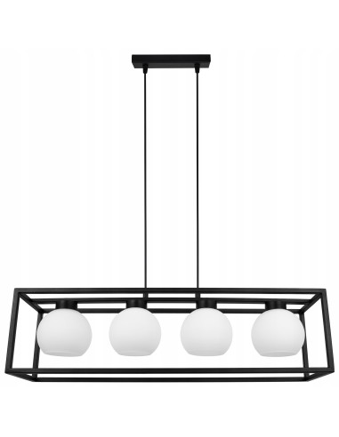 Lampa wisząca ELIZA CAGE - industrialny żyrandol z mlecznymi kloszami, 4 źródła E27, styl nowoczesny.