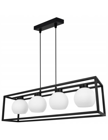 Lampa wisząca ELIZA CAGE - industrialny żyrandol z mlecznymi kloszami, 4 źródła E27, styl nowoczesny.