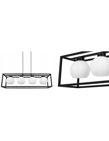 Lampa wisząca ELIZA CAGE - industrialny żyrandol z mlecznymi kloszami, 4 źródła E27, styl nowoczesny.