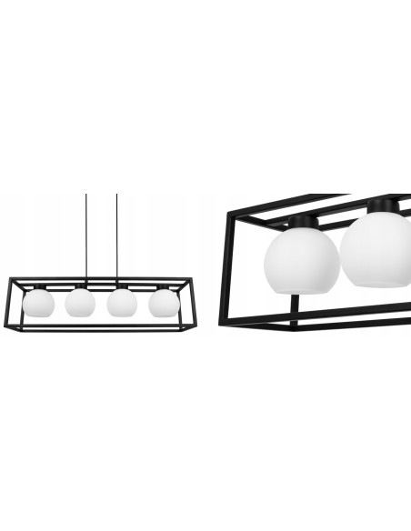Lampa wisząca ELIZA CAGE - industrialny żyrandol z mlecznymi kloszami, 4 źródła E27, styl nowoczesny.