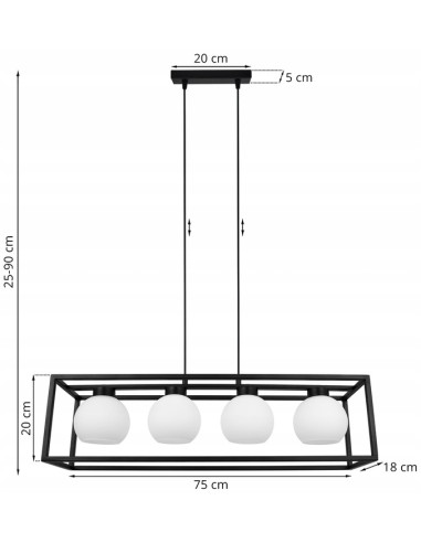 Lampa wisząca ELIZA CAGE - industrialny żyrandol z mlecznymi kloszami, 4 źródła E27, styl nowoczesny.