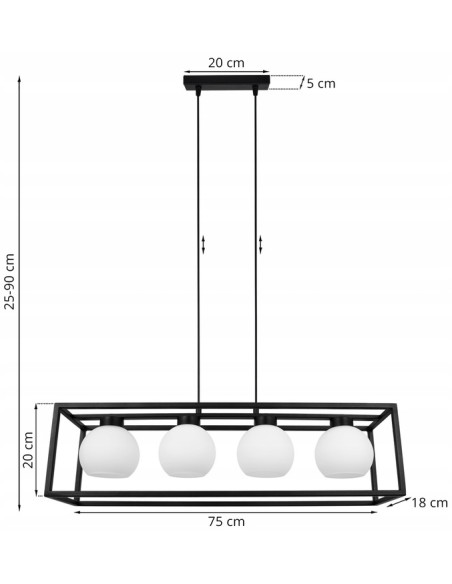 Lampa wisząca ELIZA CAGE - industrialny żyrandol z mlecznymi kloszami, 4 źródła E27, styl nowoczesny.