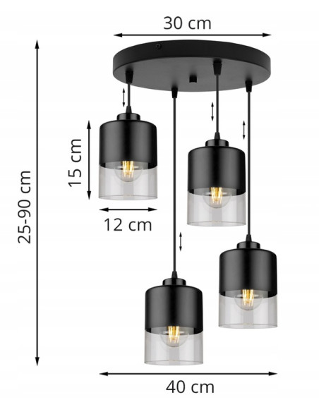 Lampa wisząca loftowa ROMA, regulowana, czarno-przezroczysta, nowoczesny design z 4 źródłami światła do korytarza.