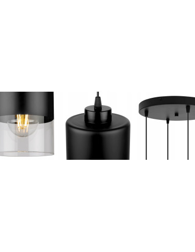 Lampa wisząca loftowa ROMA, regulowana, czarno-przezroczysta, nowoczesny design z 4 źródłami światła do korytarza.