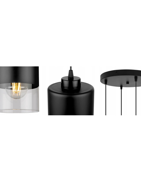 Lampa wisząca loftowa ROMA, regulowana, czarno-przezroczysta, nowoczesny design z 4 źródłami światła do korytarza.