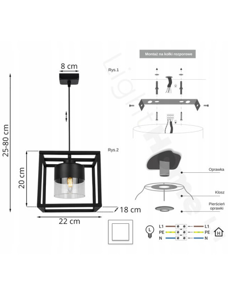 Lampa Wisząca Roma Cage 60W - Elegancka Sześciokątna Lampa z Regulacją Wysokości, Czarny Metal i Przydymiony Klosz