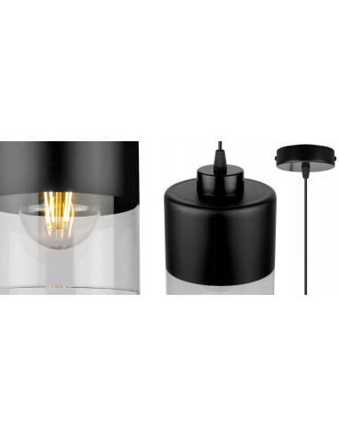 Nowoczesna Lampa Wisząca ROMA z Metalowo-Szklaną Konstrukcją E27 w Kolorze Czarnym i Bezbarwnym do Wnętrz