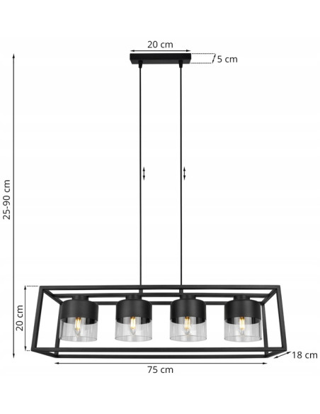Lampa wisząca ROMA CAGE - elegancki żyrandol z regulowanym kątem nachylenia, czarna siatka i szkło, nowoczesny design.