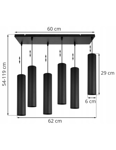 Lampa sufitowa TUBA prostokątna z 6 kloszami GU10, czarna, 20W - nowoczesne oświetlenie do każdego wnętrza.
