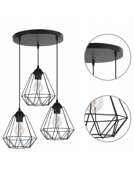 Lampa wisząca EDISON 3-płomienna E27 w kolorze czarnym - nowoczesne oświetlenie do salonu, jadalni i biura