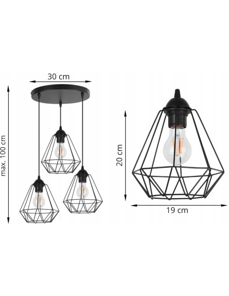 Lampa wisząca EDISON 3-płomienna E27 w kolorze czarnym - nowoczesne oświetlenie do salonu, jadalni i biura