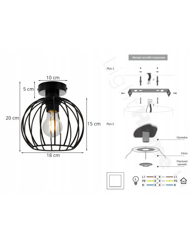 Plafon EDISON w stylu loftowym z okrągłym kloszem, czarny metal, 1xE27 60W - idealny do salonu i biura