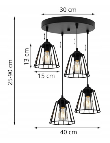 Lampa wisząca EDISON 4-punktowa, czarna z regulowaną wysokością i geometrycznymi kloszami do nowoczesnych wnętrz