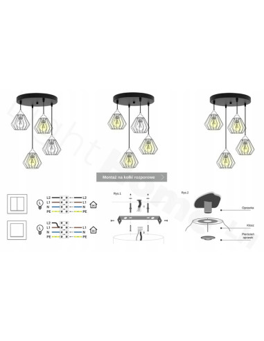 Lampa wisząca EDISON 4-punktowa, czarna z regulowaną wysokością i geometrycznymi kloszami do nowoczesnych wnętrz