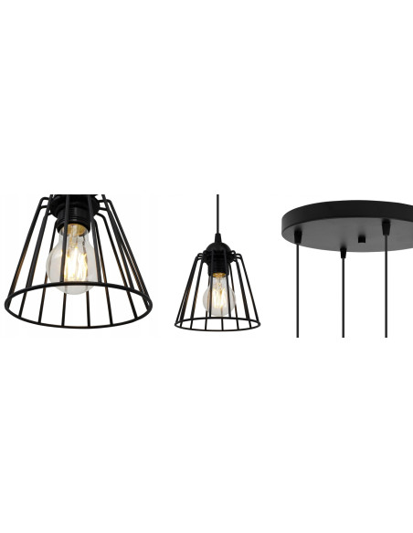 Lampa wisząca EDISON 4-punktowa, czarna z regulowaną wysokością i geometrycznymi kloszami do nowoczesnych wnętrz