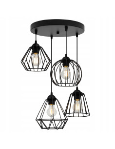 Lampa wisząca EDISON z unikatowymi kloszami - stylowe oświetlenie do jadalni, salonu i korytarza, czarny, 4 źródła światła.