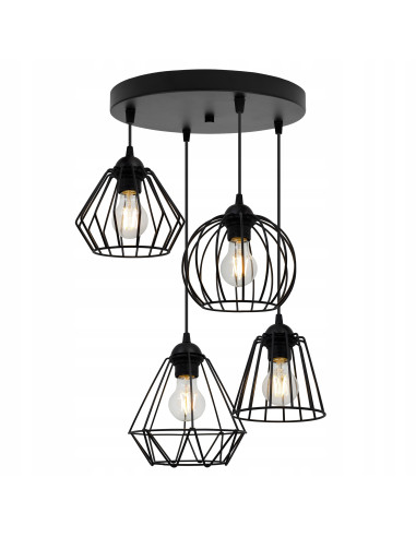 Lampa wisząca EDISON z unikatowymi kloszami - stylowe oświetlenie do jadalni, salonu i korytarza, czarny, 4 źródła światła.