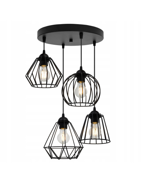 Lampa wisząca EDISON z unikatowymi kloszami - stylowe oświetlenie do jadalni, salonu i korytarza, czarny, 4 źródła światła.