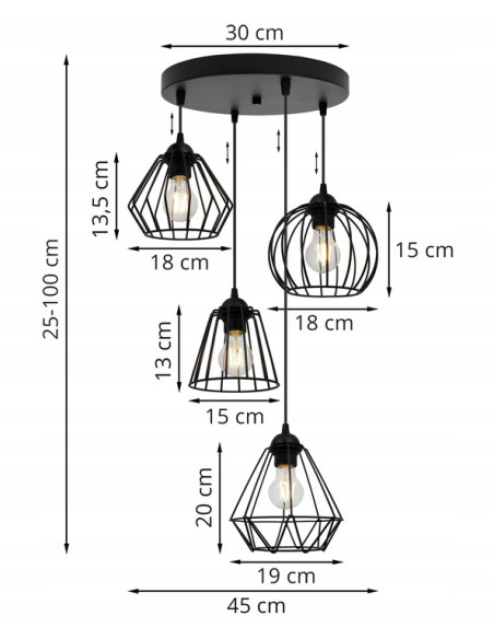 Lampa wisząca EDISON z unikatowymi kloszami - stylowe oświetlenie do jadalni, salonu i korytarza, czarny, 4 źródła światła.